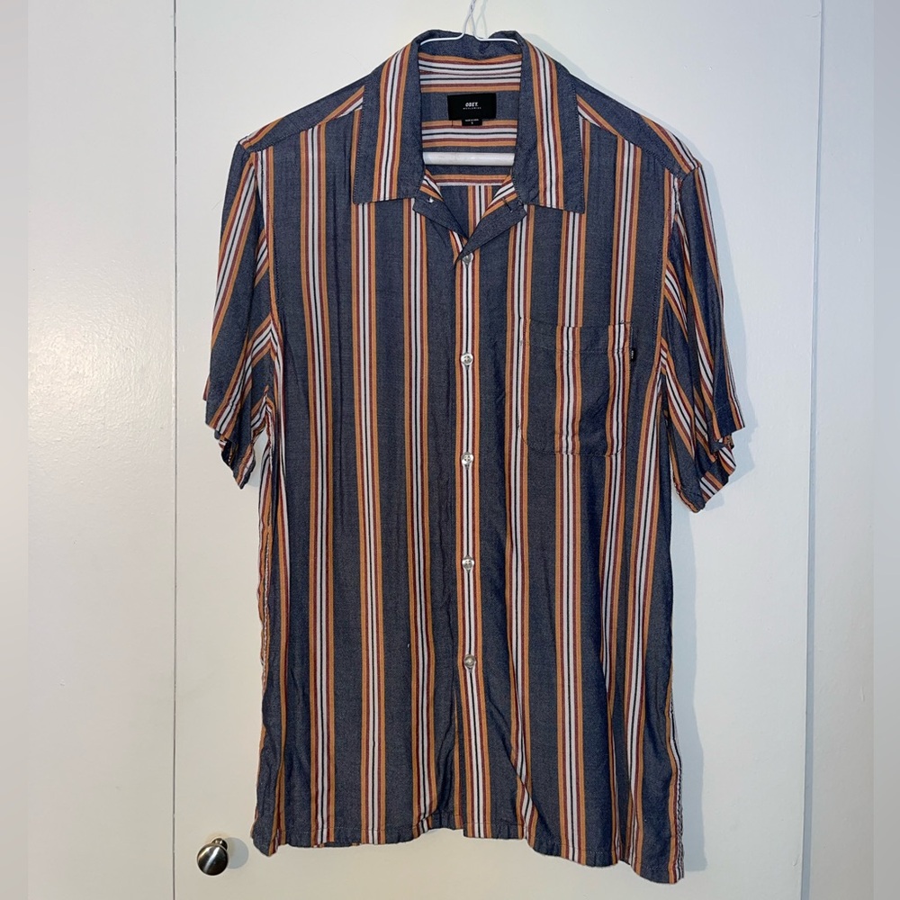 Obey Men’s Camp Shirt Striped Blue Orange Red Small